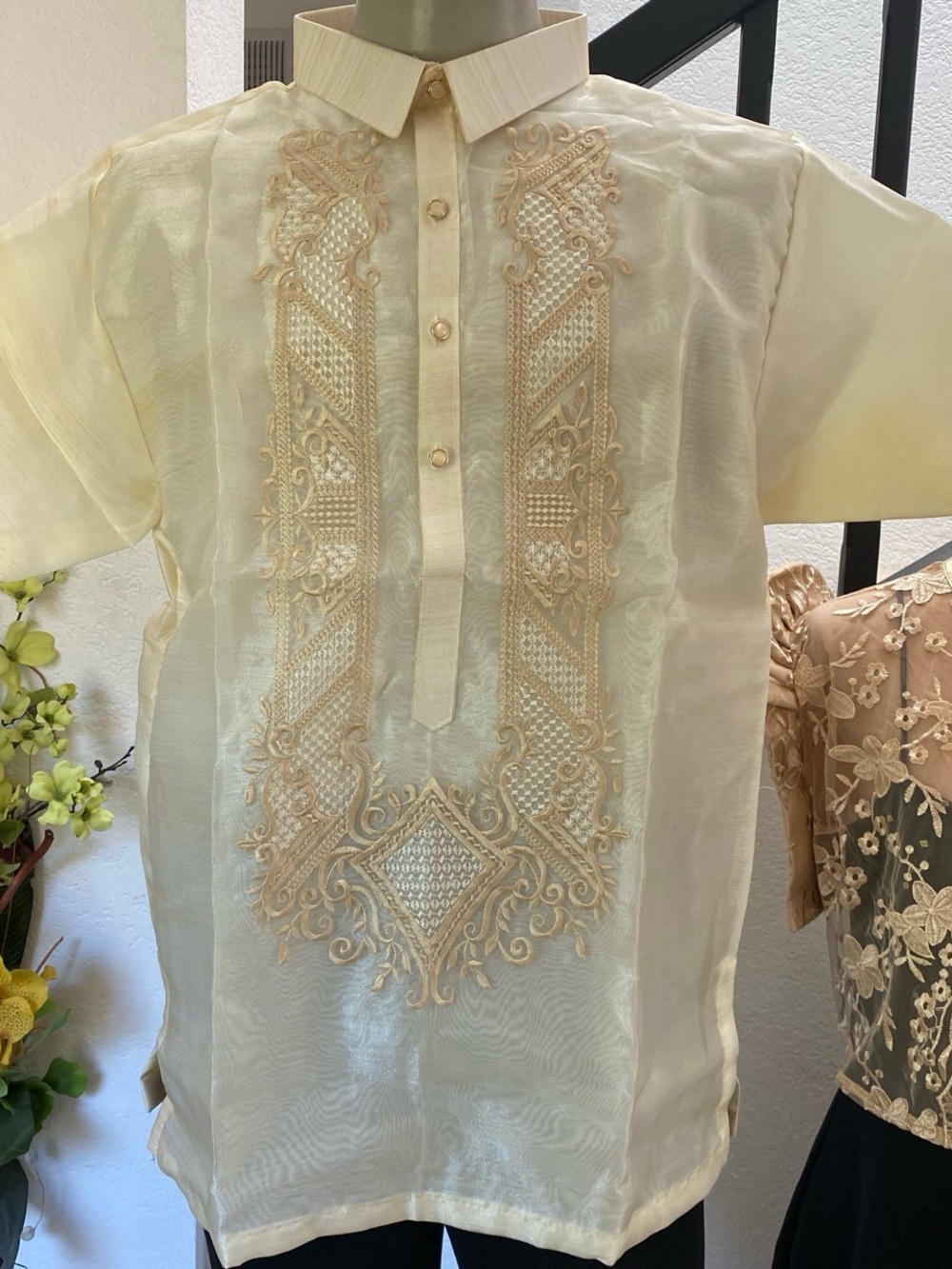 Traditional short-sleeve embroidered barong tagalog shirt in cream